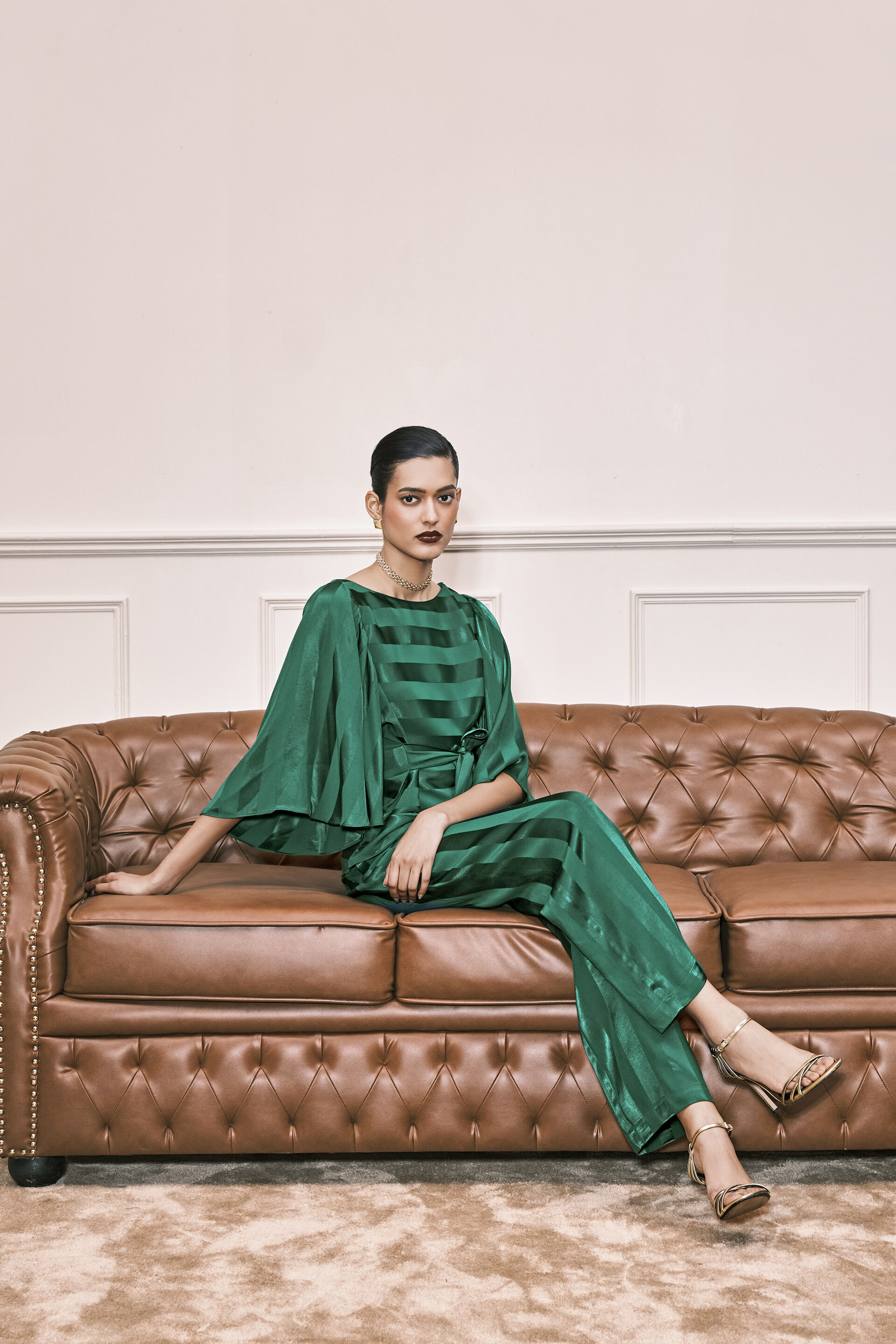 Stripes in Stack Satin Co-ord Set, Green, image 1